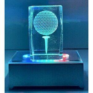 LASER ETCH GOLF BALL ON A TEE CRYSTAL HOLOGRAM PAPER WEIGHT w/ LIGHT STAND NEW